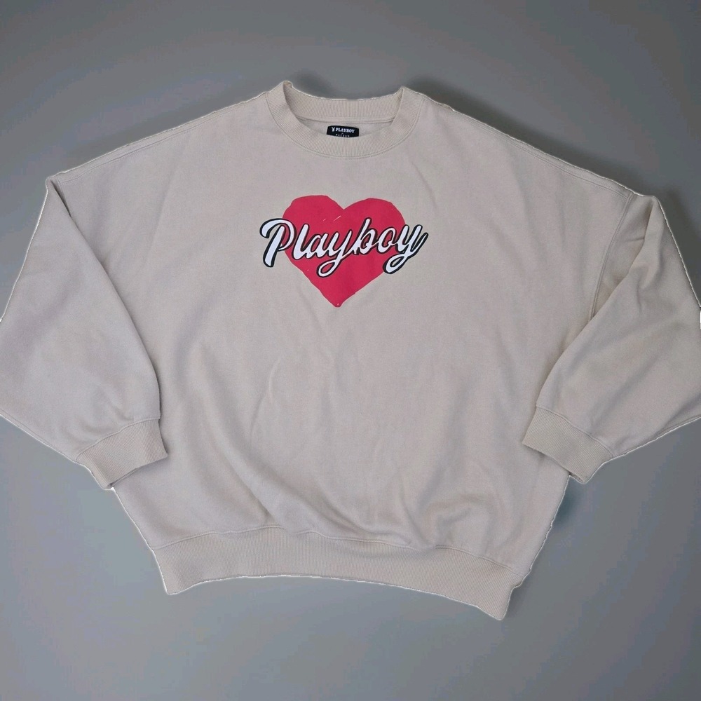 Playboy Women's Beige and Red Hearts Hoodie Small